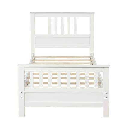White Pine Wood Platform Bed with Paneled Headboard and Footboard, Twin Size, Solid Wood Frame with 10 Slats