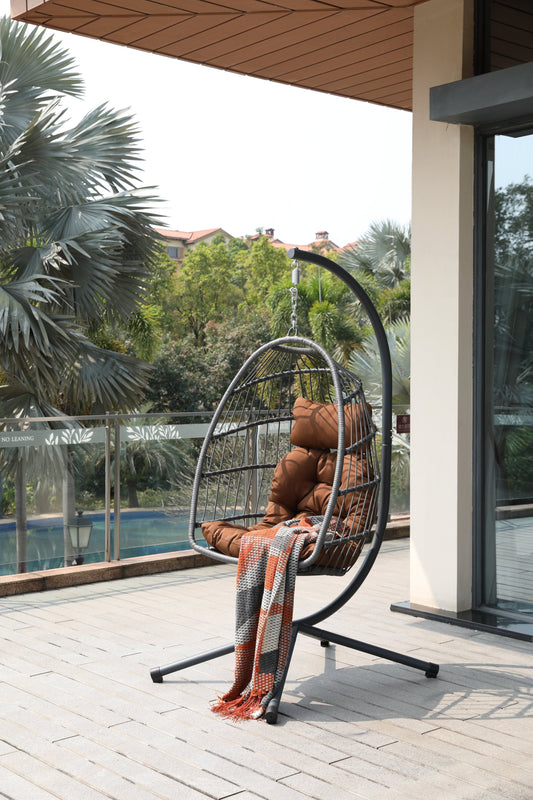 Egg Chair with Stand Outdoor Foldable Patio Wicker Hanging Swing Chairs for Bedroom Balcony with Cushions 350Lbs Indoor Lounge Basket All Weather Hammock Swinging Chair, Brown