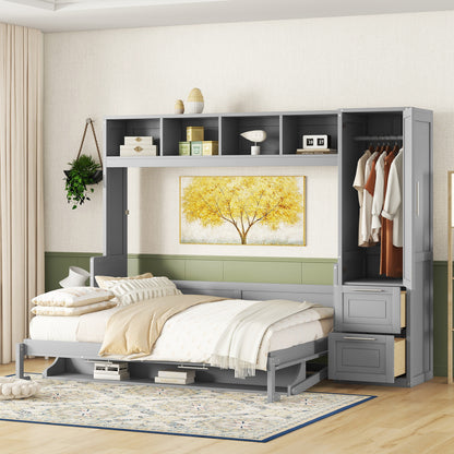 Queen Size Murphy Bed Wall Bed with Closet and Drawers,Gray(OLD SKU:LP000793AAE-2)