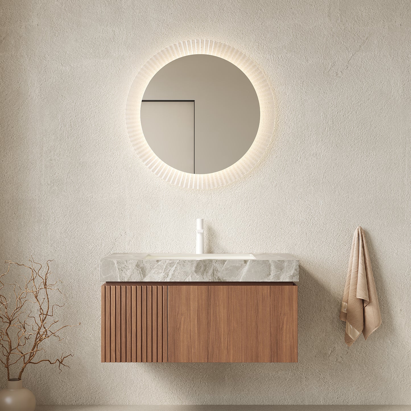 MURI 36' Bathroom Vanity&Sink, Floating Plywood Storage Cabinet with Drawer&Door, Light Gray Sintered Stone Top&Ceramic Basin with 1 Pre-drilled Faucet Hole, Pre-assembled, Brown Oak Woodgrain Color