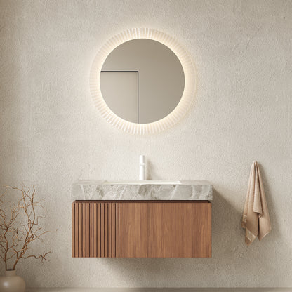 MURI 36' Bathroom Vanity&Sink, Floating Plywood Storage Cabinet with Drawer&Door, Light Gray Sintered Stone Top&Ceramic Basin with 1 Pre-drilled Faucet Hole, Pre-assembled, Brown Oak Woodgrain Color
