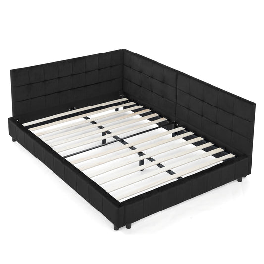 Mid-Century Full Size Upholstered Tufted Bed Frame with Comfortable Backrest and Armrests, Velvet, Black