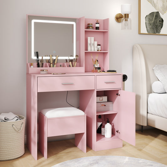 Lavin Makeup Vanity Set, Vanity Desk with Stool, LED Light Mirror and Charging Station, Pink
