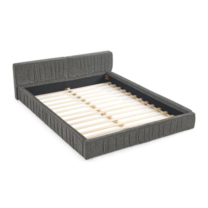 Modern Queen Size Upholstered Bed Frame with Chenille Fabric and Pleated Design in Grey