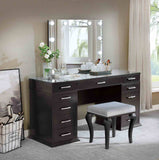 Glam Style 1pc Vanity w/ Padded Stool Set 8mm Glass Top Storage Drawers LED On Mirror Obsidian Gray Finish Bedroom Furniture
