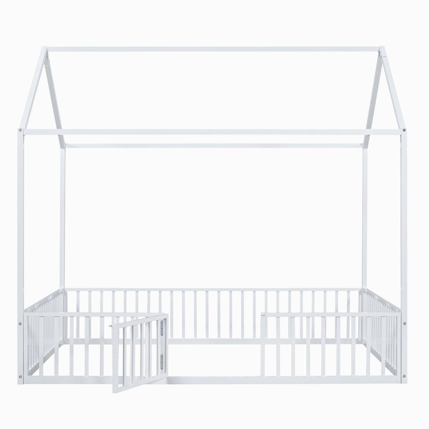 Full Size Metal House Bed with Fence and Door, White, Imaginative Play Space, Metal Frame