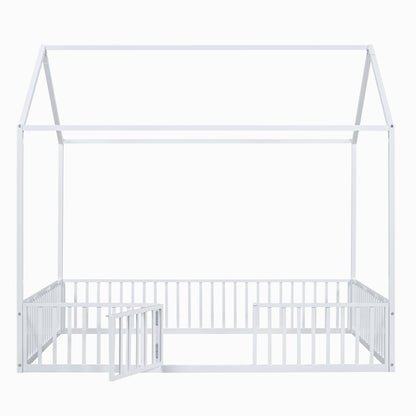 Full Size Metal House Bed with Fence and Door, White, Imaginative Play Space, Metal Frame