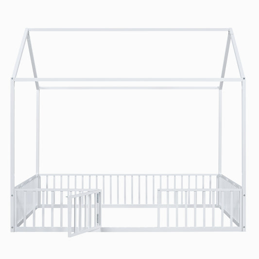 Full Size Metal House Bed with Fence and Door, White, Imaginative Play Space, Metal Frame
