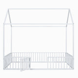 Full Size Metal House Bed with Fence and Door, White, Imaginative Play Space, Metal Frame