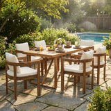 7 Pieces Acacia Wood Outdoor Dining Set with Cream Cushions,Modern 6 Chairs 1 Large Table,Dining Furniture Set for Lawn, Backyard, Garden Deck,Poolside,Teak