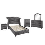 SOPHIA King 5-Piece Upholstered Bedroom Set in Gray with Crystal Tufted Bed, Dresser, Mirror, Nightstand and Chest, Modern Glam Acacia Wood Furniture Set