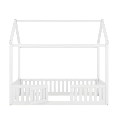 Wood House Bed with Fence and Door