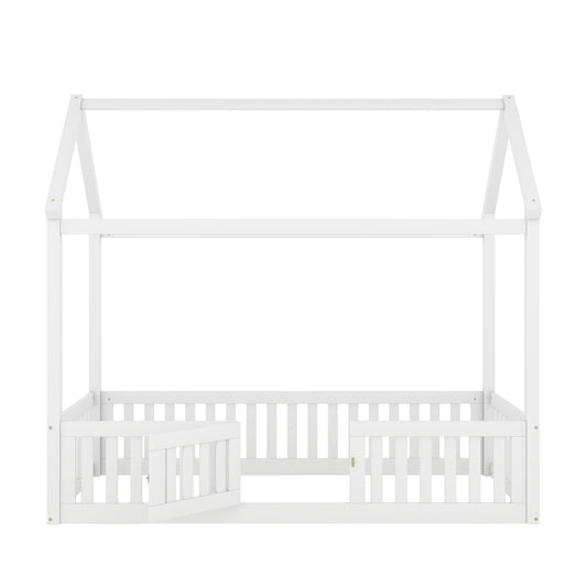 Wood House Bed with Fence and Door