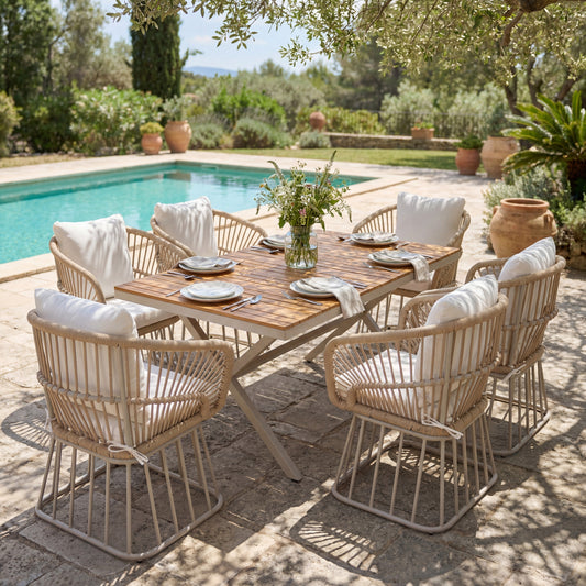 Outdoor 7-Piece Dining Set - Rectangular Teak Wood Table + 6 Wicker Chairs with Cushions, Beige Steel Frame, Teak Finish, Perfect for Patio, Deck, or Garden