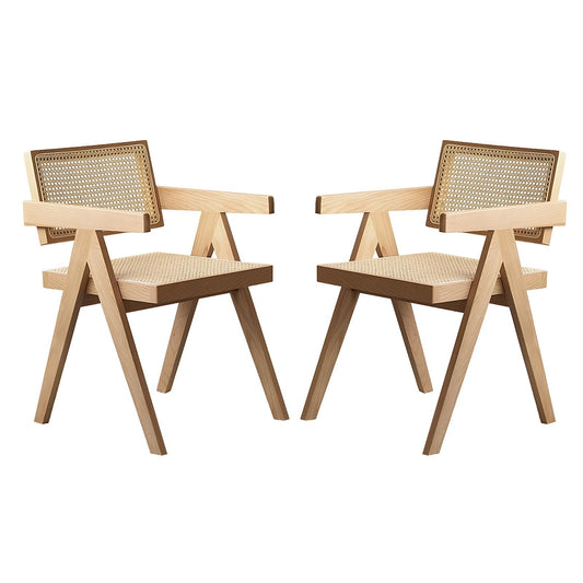 Modern Mid Century Dining Chairs Set of 2, Rattan Accent Chairs, Comfy Armchairs, Outdoor Wood Chairs with Armrest for Bedroom Living Room Reading Room Dining Kitchen, Wood Color
