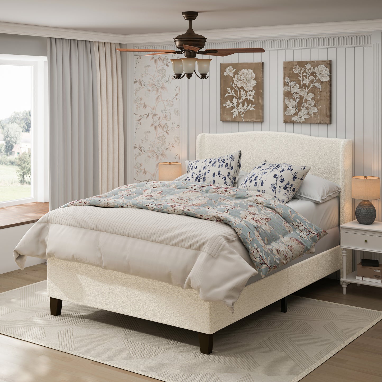 Queen Size Bed Frame with 49.21'High Back Upholstered Headboard and 27.17' High Footboard,Teddy Velvet,12 Slat Support,Solid Wood Feet,No Box Spring Needed(white)